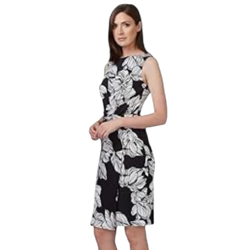 Joseph Ribkoff Black White Floral Faux Wrap Sheath Dress Ruched Sleeveless